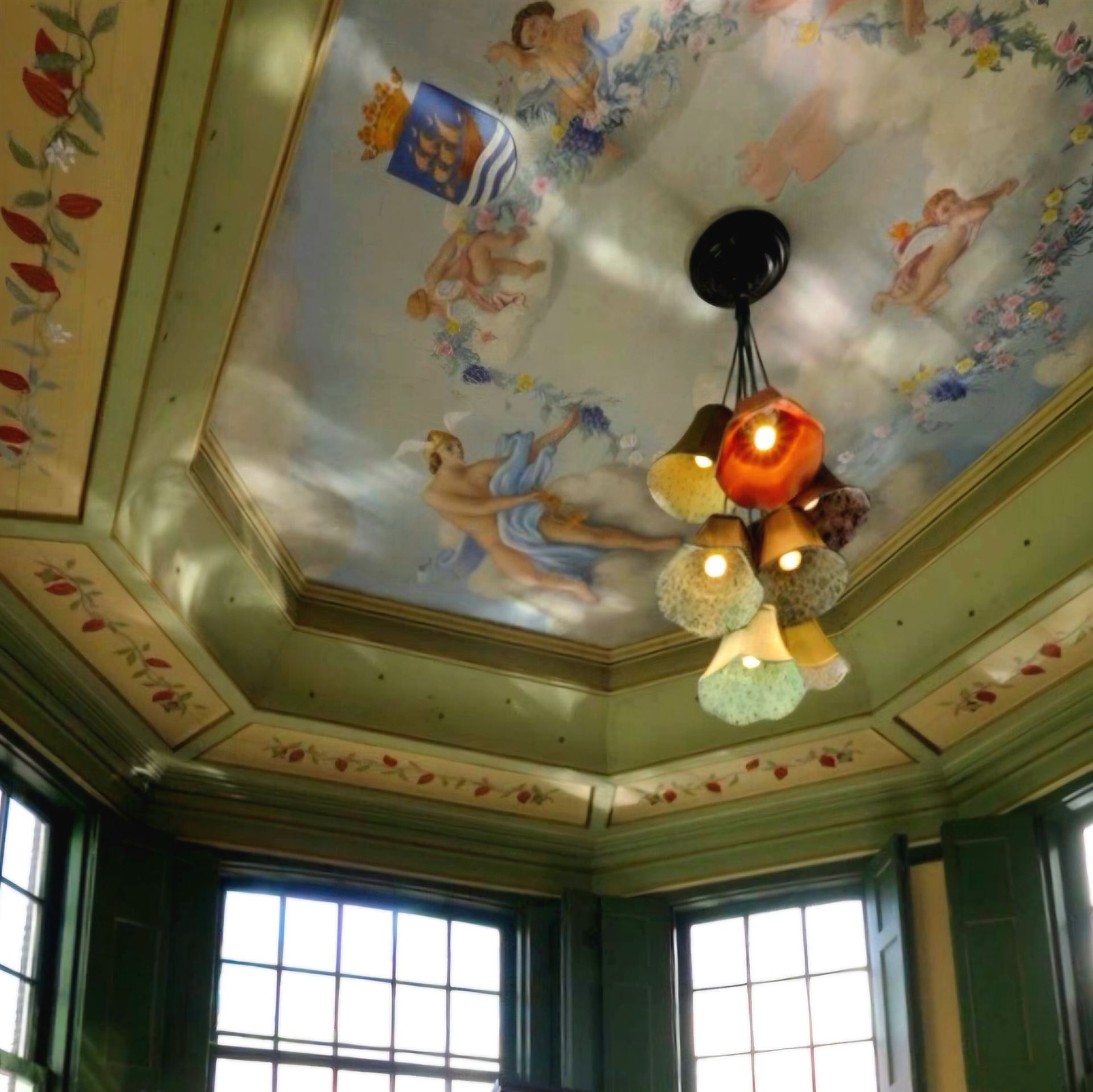 Hand-painted ceiling fresco and chandelier in the recording room